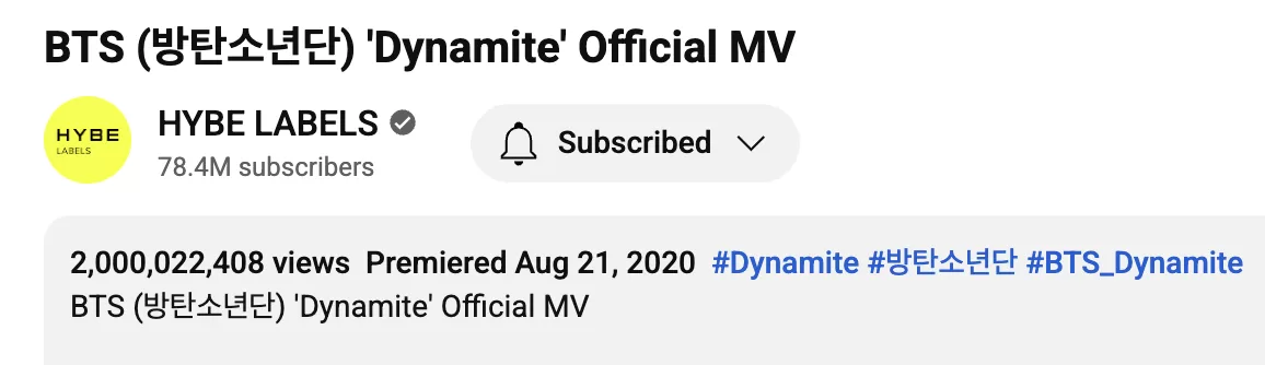 Dynamite de BTS 2 mil millones de vistas